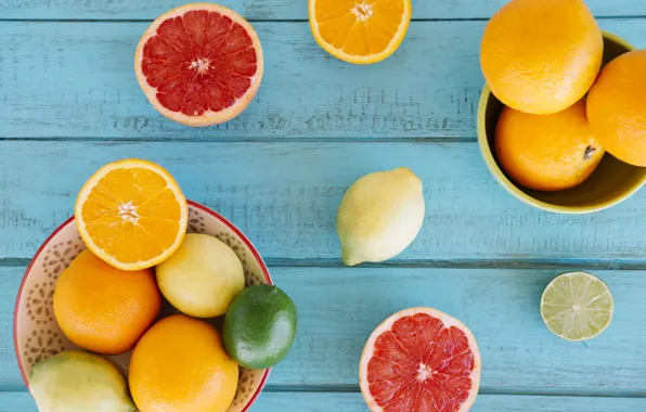Citrus, fruit, Blue, wood, Colorful, background, citrus, Fruits
