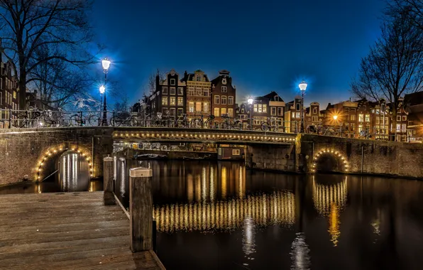 Picture night, bridge, lights, Amsterdam, lights, channel, Netherlands