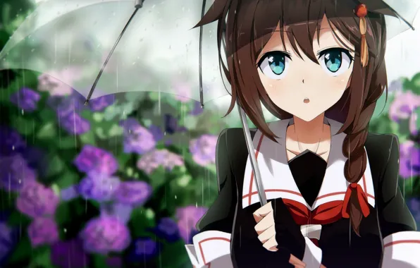 Picture girl, flowers, rain, umbrella, anime, art, tomato, kantai collection