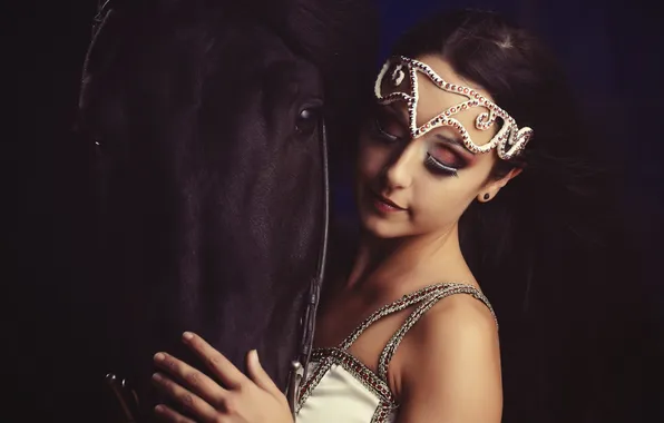 Girl, face, horse, hair, horse, brunette