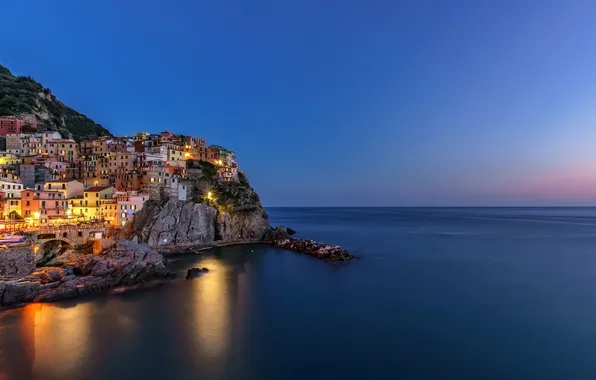 Sea, mountains, the city, rocks, Italy, Manarola, Cinque Terre
