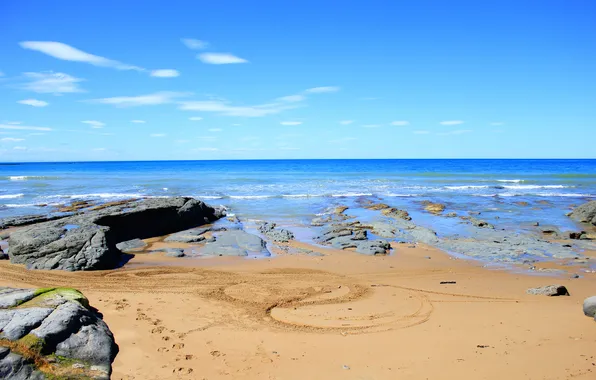 Picture sea, beach, water, traces, stones, landscapes, Rocky Beach