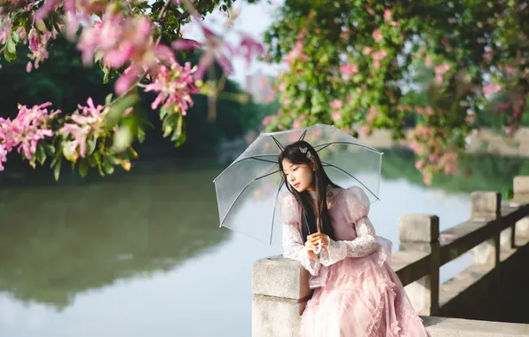 Beautiful, Asian, Model, Tree, Flowers, Water, Umbrella, Woman