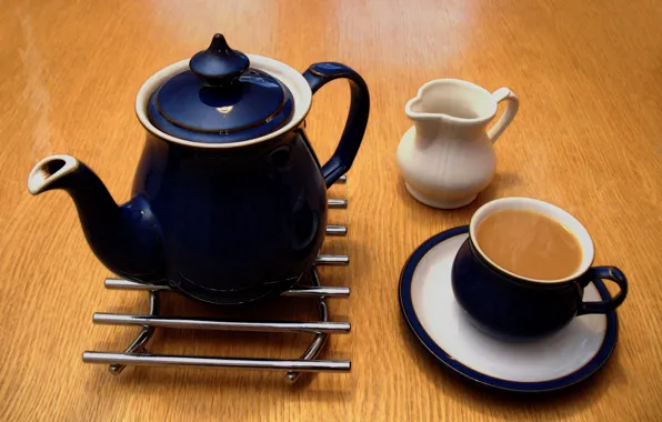 Hot, Cup, milk, saucer, kettle, coffee with milk