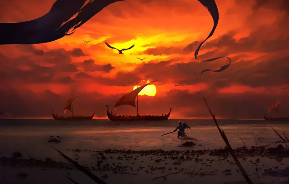 Sunset, Sea, Figure, Ship, Warrior, Ships, Battle, Art