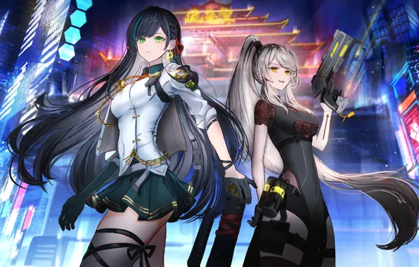 The city, weapons, skyscrapers, anime, advertising, two girls, short skirt