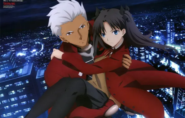 Girl, night, guy, Rin, Archer, Fate stay night, Fate / Stay Night