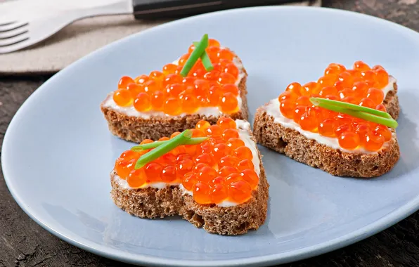Hearts, caviar, red caviar, sandwiches