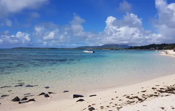 Sand, beach, the ocean, coast, island, boat, The Indian ocean, Mauritius