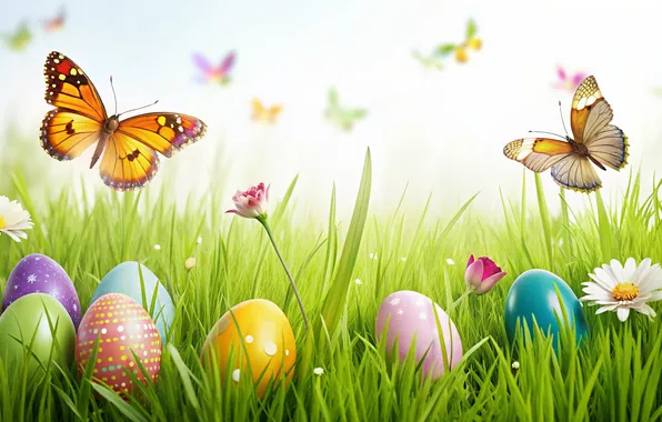 Flowers, eggs, spring, colorful, Easter, flowers, spring, Easter