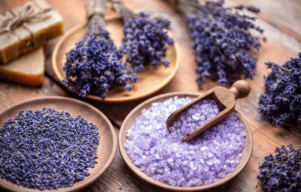 Flowers, Board, soap, lilac, lavender, bokeh, bowls, scoop