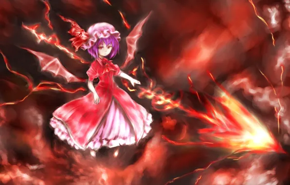 Picture flame, wings, spear, red eyes, art, vampire, Touhou Project, Remilia Scarlet