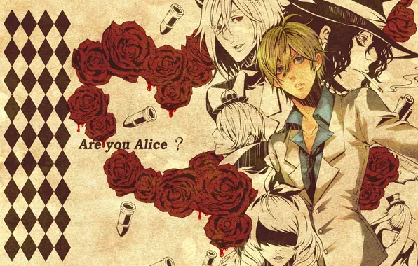 Picture roses, bullets, guys, Alice, manga, Cheshire cat, Hatter, Alice