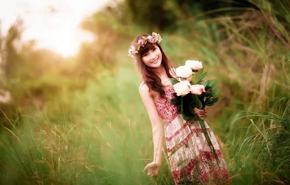 Summer, girl, flowers, Asian