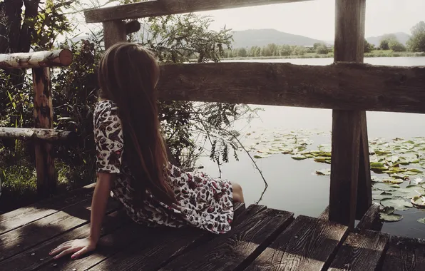 Picture girl, pose, pond, hair, dress, sitting