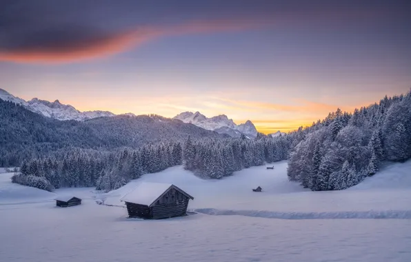 Winter, forest, snow, sunset, mountains, Germany, Bayern, houses