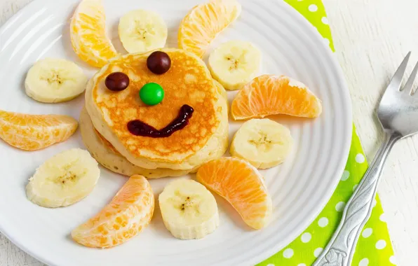 Smile, banana, pancakes, tangerines