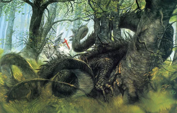 Forest, fantasy, dragon, knight, George and the Dragon, John Howe Saint