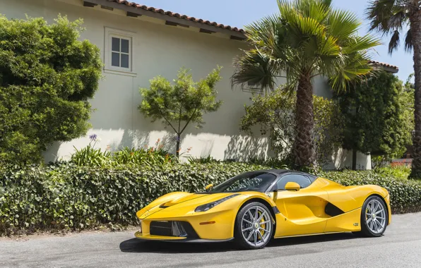 Picture yellow, palm trees, home, wheel, Ferrari, the bushes, Ferrari, Jeep Has Open