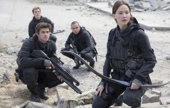 Weapons, bow, equipment, Jennifer Lawrence, Jennifer Lawrence, Liam Hemsworth, Liam Hemsworth, The Hunger Games: Mockingjay …