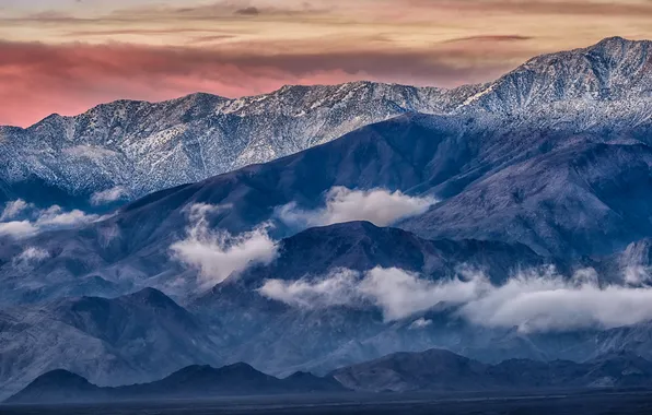 The sky, clouds, snow, mountains, the slopes, tops, height, haze