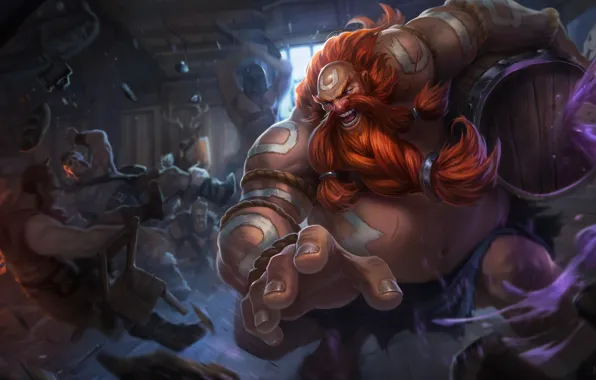 Picture the game, fight, beard, game, red hair, muscles, League of Legends, tavern
