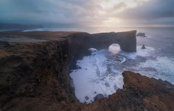 Sea, wave, clouds, fog, stones, overcast, rocks, shore