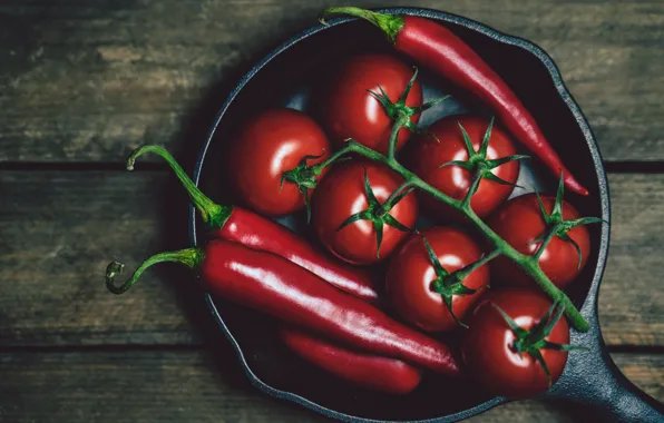 Red, the dark background, Board, pepper, sharp, vegetables, tomatoes, tomatoes