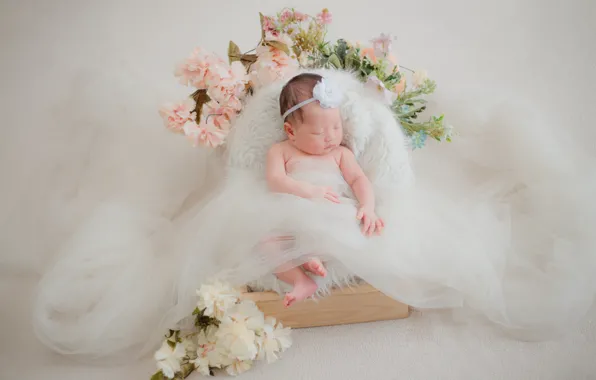 Flower, flowers, pose, child, sleep, dress, baby, costume