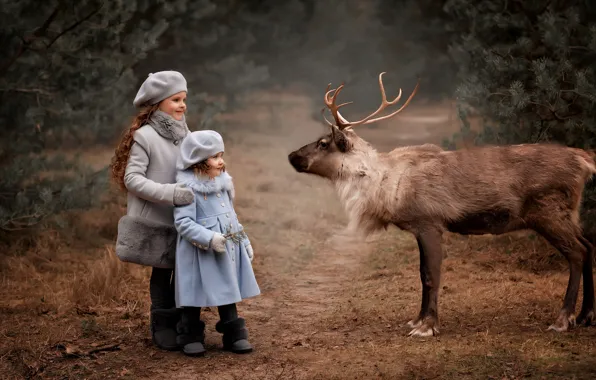 Picture children, animal, girls, deer, Valentine Ermilova