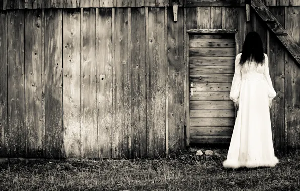 Dark, woman, barn, white dress, terror