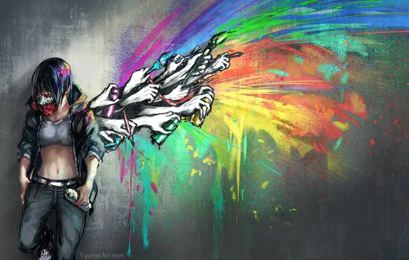 Girl, flowers, squirt, graffiti, hands, wing, respirator, spray paint