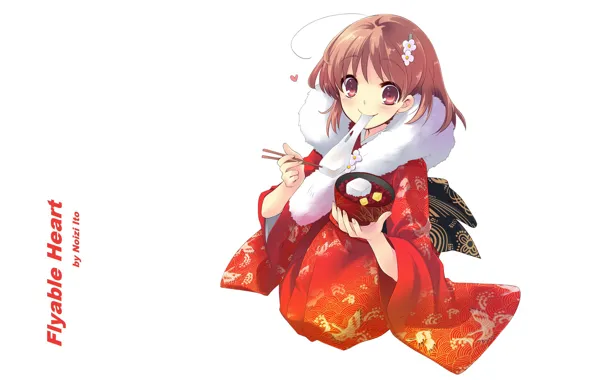 Girl, white background, fur, kimono, art, bowl, big eyes, visual novel