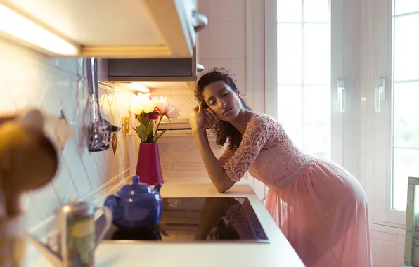Face, pose, hair, thoughts, Girl, dress, kitchen