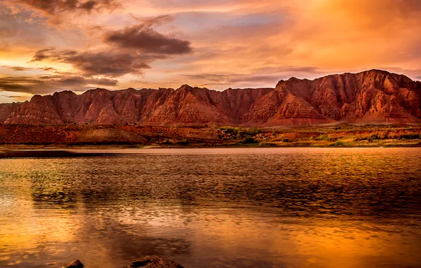 The sky, clouds, sunset, mountains, lake, stones