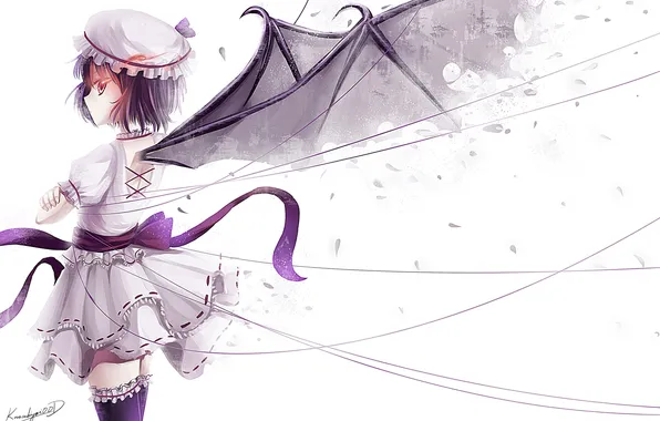 Girl, wings, stockings, petals, tape, bow, thread, Touhou