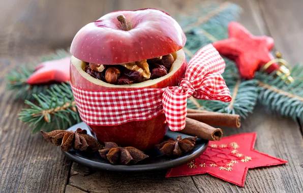 Branches, red, Apple, spruce, Christmas, nuts, cinnamon, bow
