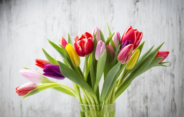 Picture flowers, bouquet, colorful, tulips, fresh, wood, flowers, beautiful