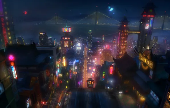 Picture night, the city, lights, cartoon, San Francisco, Disney, Disney, Six heroes