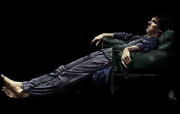 Gun, chair, lies, pajamas, Sherlock Holmes, Benedict Cumberbatch, Benedict Cumberbatch, Sherlock