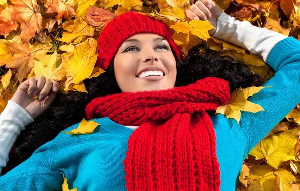 Autumn, leaves, Girls, woman, smile, autumn, leaves