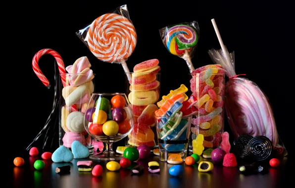 Food, candy, glasses, black background, still life, pastry, a lot, different