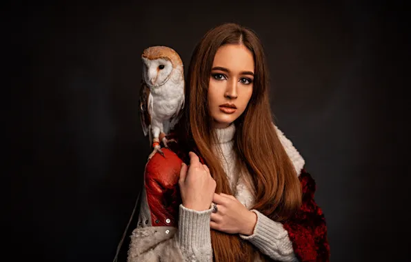 Picture look, girl, face, owl, bird, hair, portrait, hands