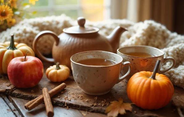 Autumn, light, table, Board, leaf, Apple, kettle, harvest