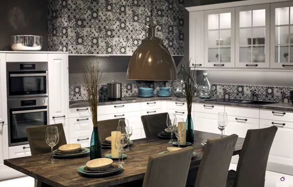 Room, interior, kitchen, black-white pattern kitchen