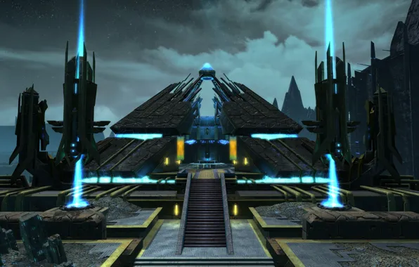 The sky, ladder, blue lights, sky, Palace, spaceship, spaceship, palace