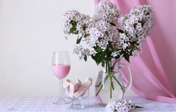 Flowers, pink, glass, bouquet, marshmallows, Phlox