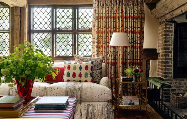Flowers, room, books, lamp, interior, fireplace, sofa, living room