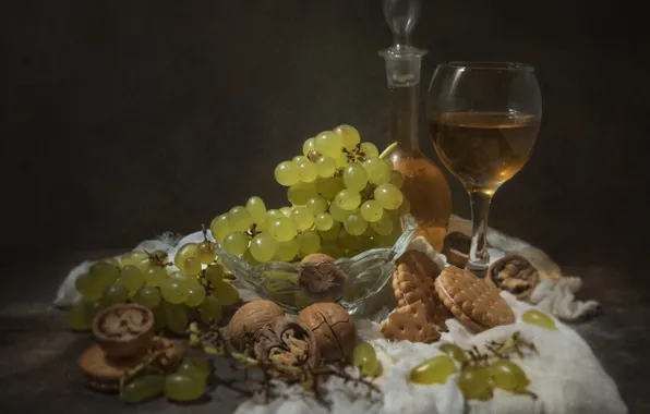 Table, wine, glass, cookies, grapes, still life, vase, gauze
