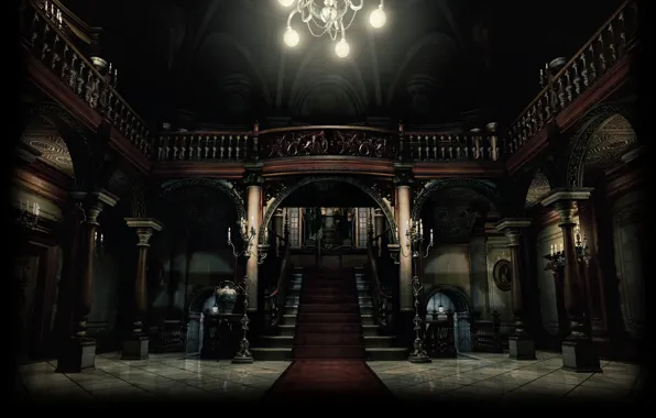 Picture the building, lighting, ladder, chandelier, mansion, the room, Resident Evil Remake